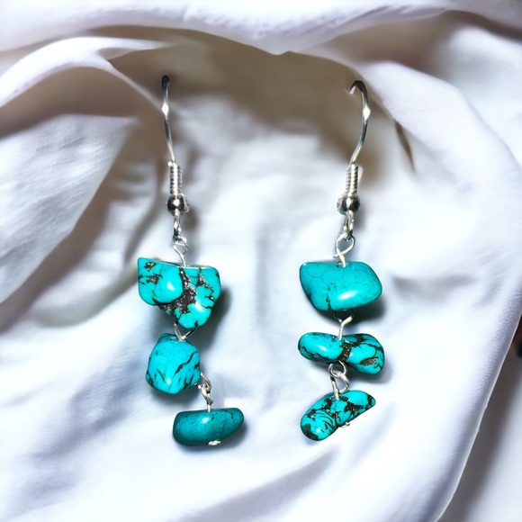 Genuine Turquoise Stone 3 Tiered Drop Dangle Earrings. - Picture 3 of 4